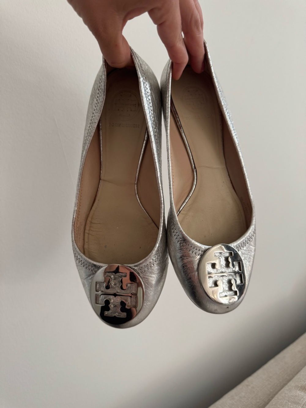 Tory Burch Metallic Silver Logo Cap-Toe Ballet Flats